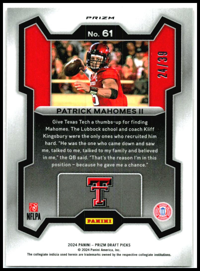 2024 Panini Prizm Draft Picks Orange Finite #61 Patrick Mahomes II Red Raiders