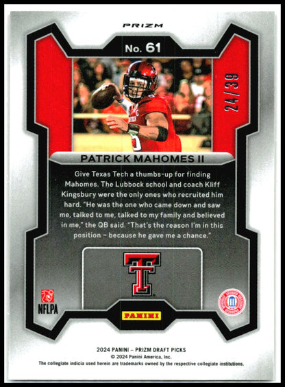 2024 Panini Prizm Draft Picks Orange Finite #61 Patrick Mahomes II Red Raiders