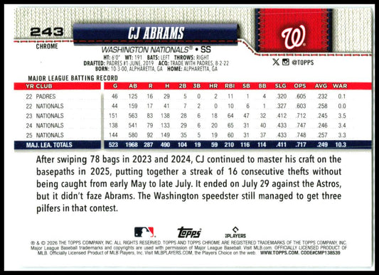 2026 Topps Chrome X-Fractors #243 CJ Abrams Washington Nationals