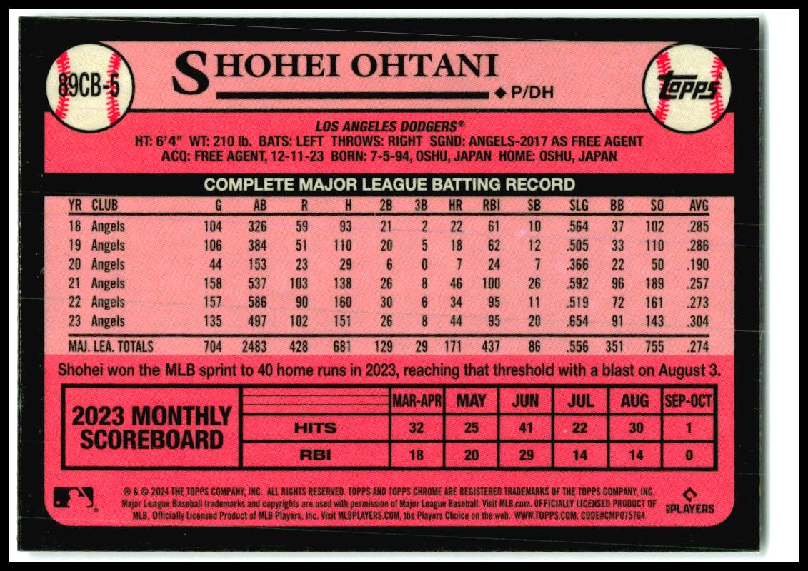 2024 Topps Chrome 1989 Topps 35th Anniversary #89CB-5 Shohei Ohtani Dodgers