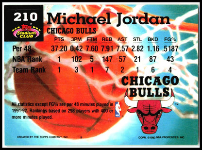 1992-93 Stadium Club #210 Michael Jordan Chicago Bulls