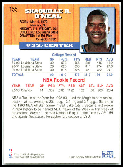 1993-94 Hoops #155 Shaquille O'Neal Orlando Magic
