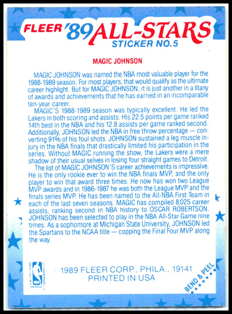1989-90 Fleer Stickers #5 Magic Johnson Los Angeles Lakers