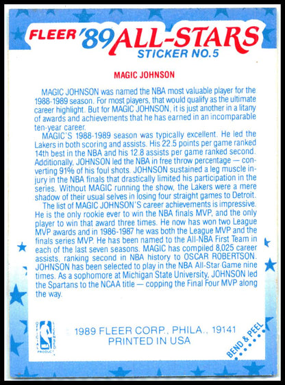 1989-90 Fleer Stickers #5 Magic Johnson Los Angeles Lakers
