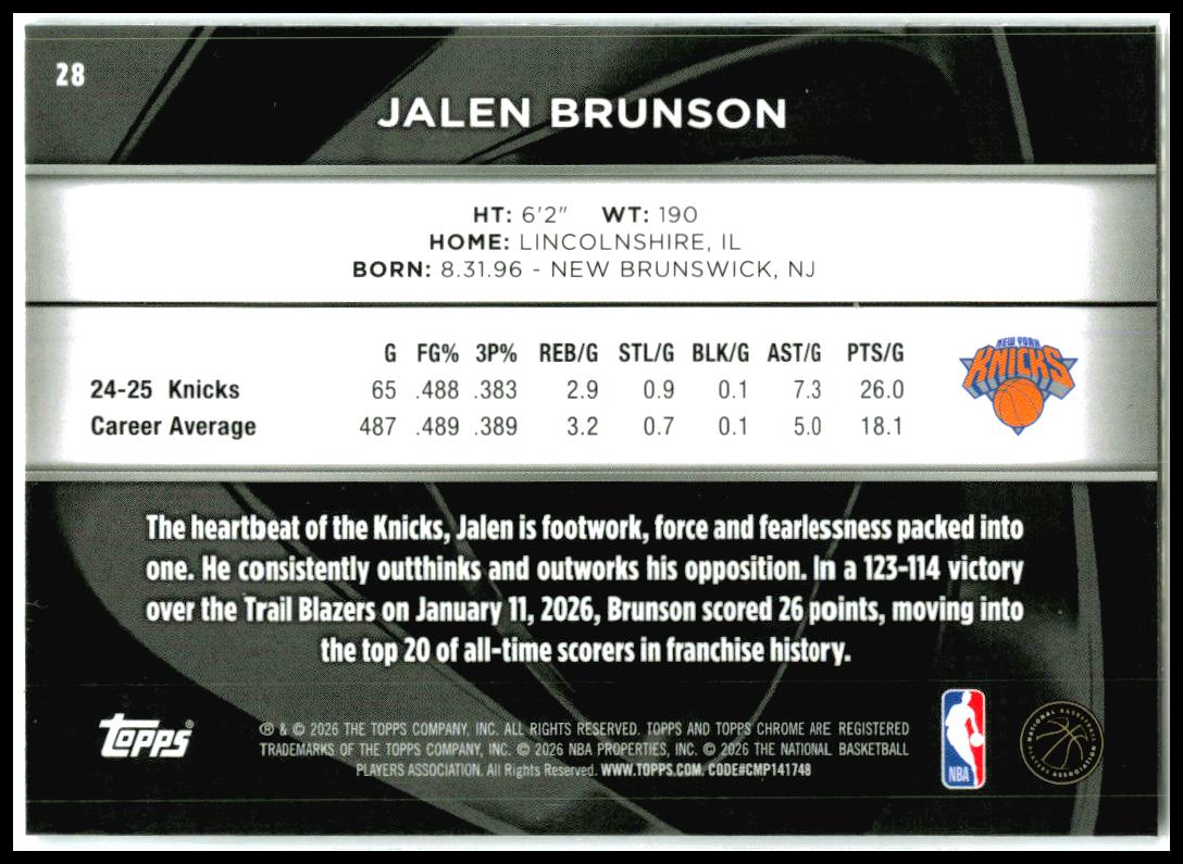 2025-26 Topps Chrome Black #28 Jalen Brunson New York Knicks