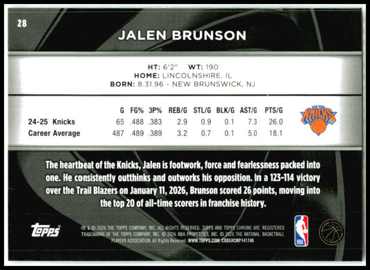 2025-26 Topps Chrome Black #28 Jalen Brunson New York Knicks