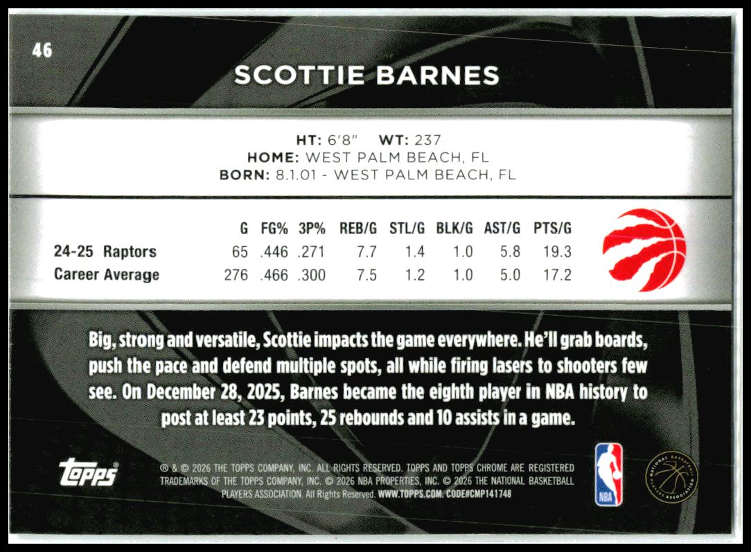 2025-26 Topps Chrome Black #46 Scottie Barnes Toronto Raptors