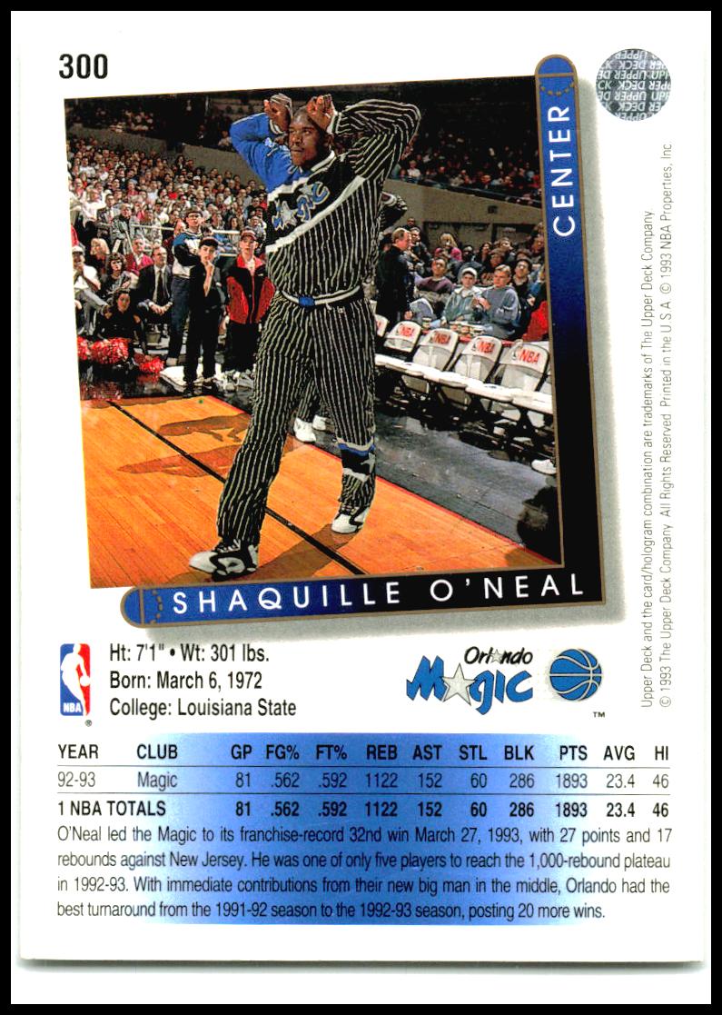 1993-94 Uper Deck #300 Shaquille O'Neal Orlando Magic