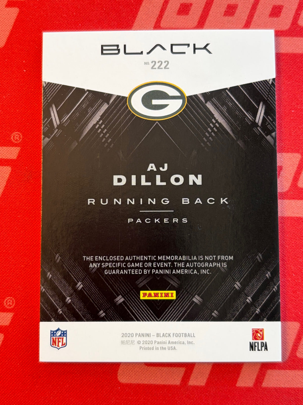 2020 Black Auto and Relic /99 #222 AJ Dillon RC AU Packers