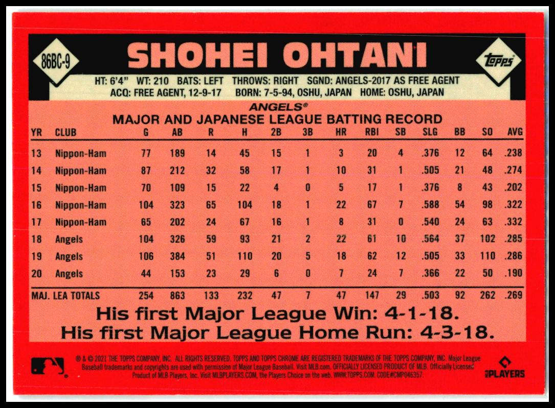 2021 Topps Chrome 1986 Topps 35th Anniversary #86BC-9 Shohei Ohtani Angels