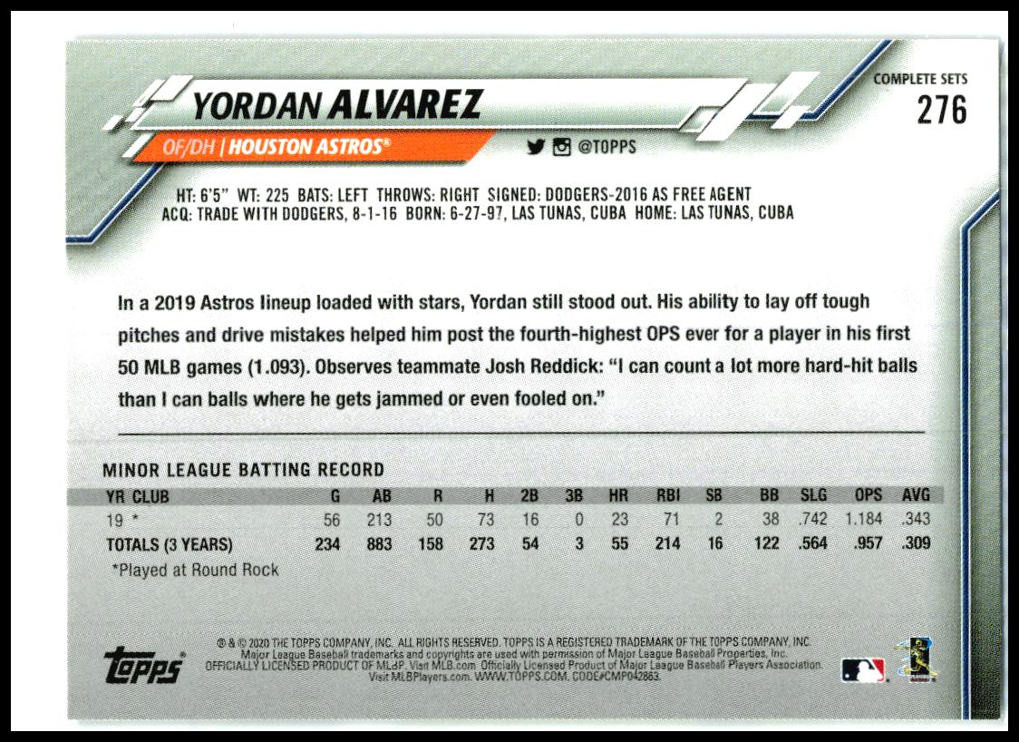 2020 Topps Factory Set Bonus: Rookie Image Variation #276 Yordan Alvarez Astros