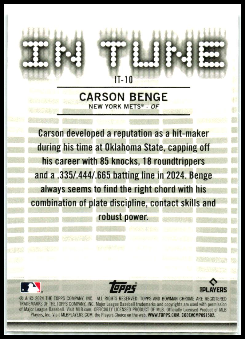 2024 Bowman Draft In Tune #IT-10 Carson Benge New York Mets