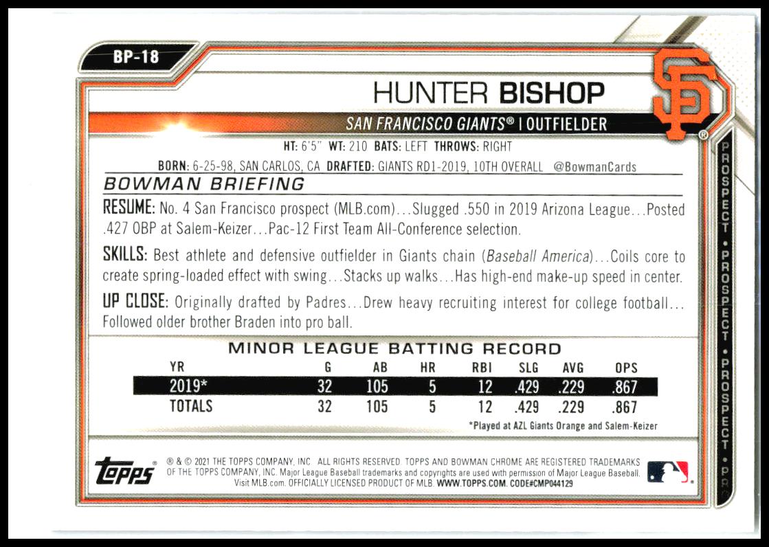 2021 Bowman Prospects Purple #BP-18 Hunter Bishop #/250 San Francisco Giants