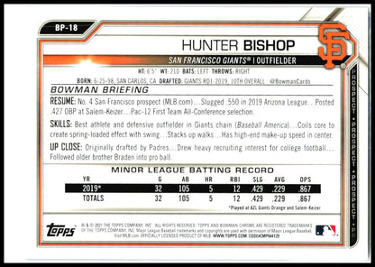 2021 Bowman Prospects Purple #BP-18 Hunter Bishop #/250 San Francisco Giants