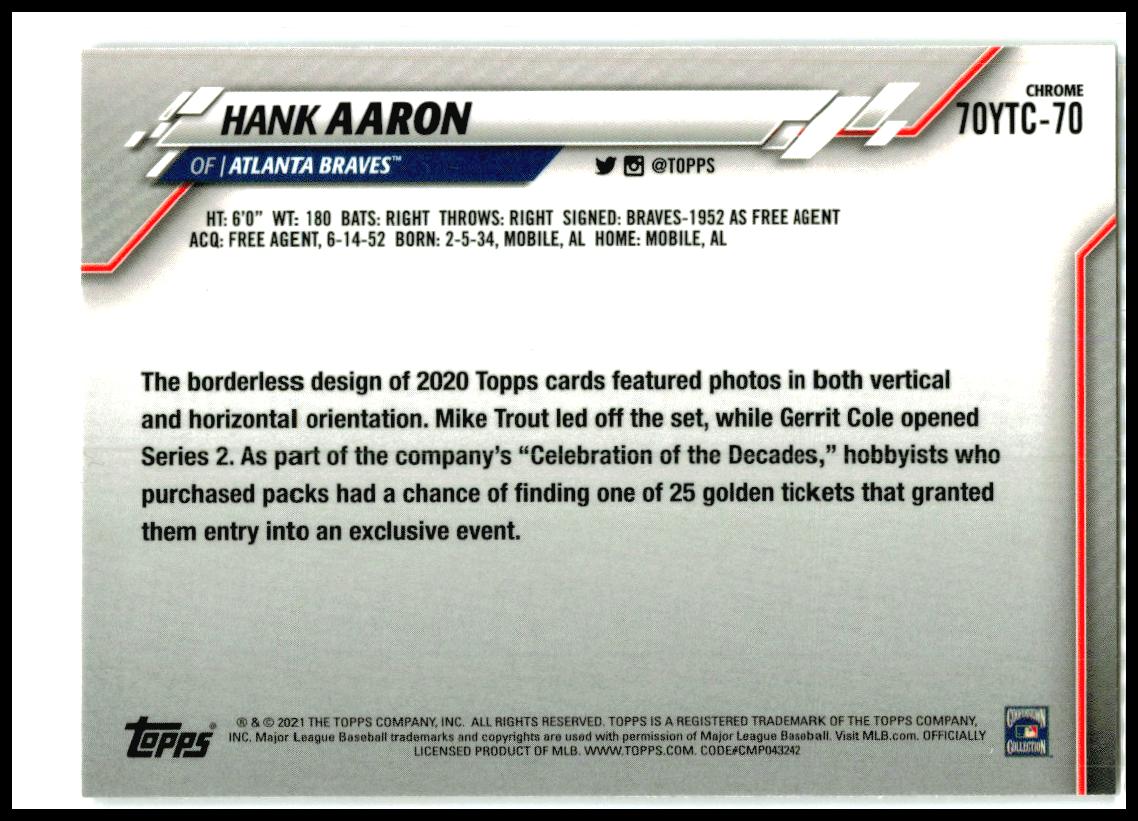 2021 Topps 70 Years of Topps Chrome #70YTC-70 Hank Aaron Atlanta Braves