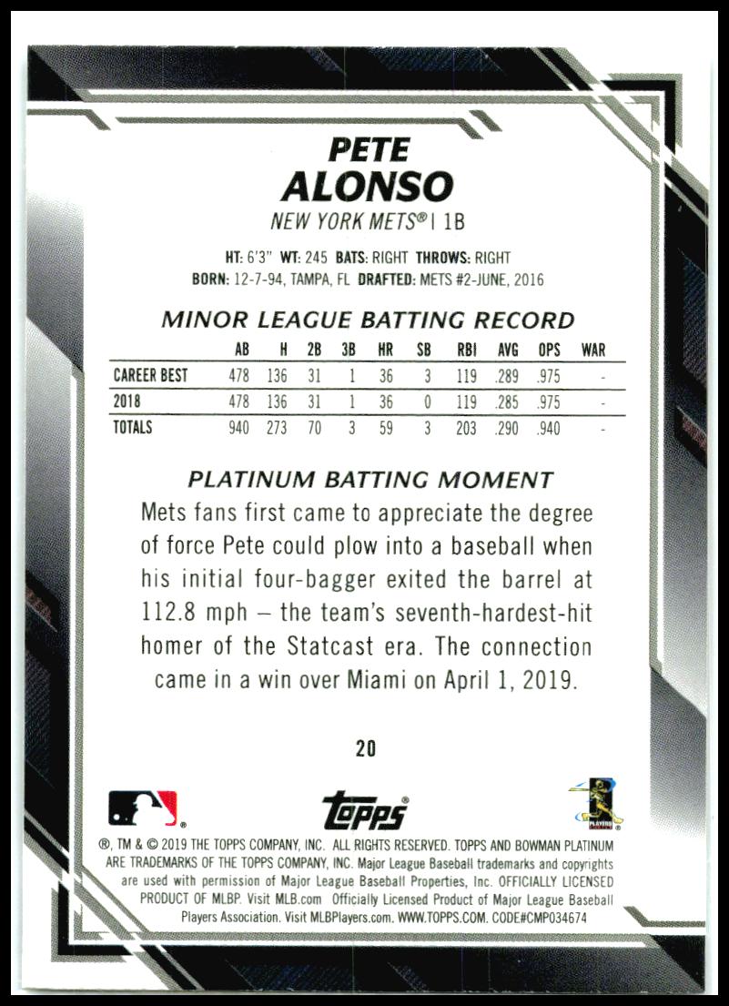 2019 Bowman Platinum #20 Pete Alonso RC New York Mets