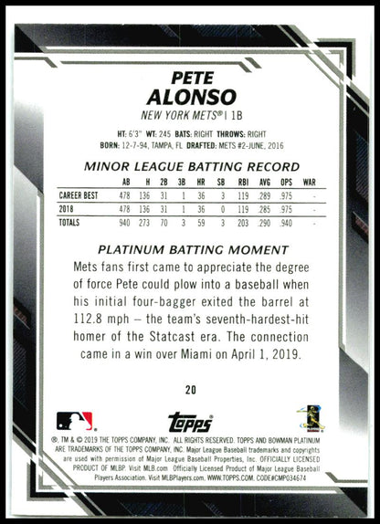 2019 Bowman Platinum #20 Pete Alonso RC New York Mets