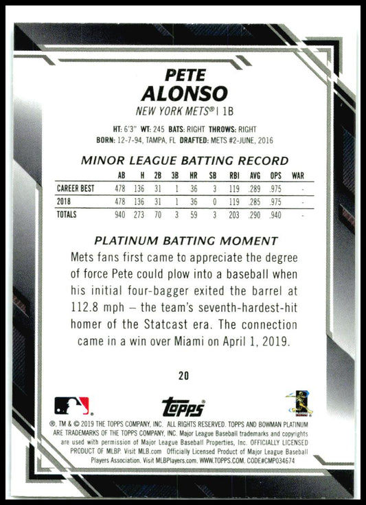 2019 Bowman Platinum #20 Pete Alonso RC New York Mets