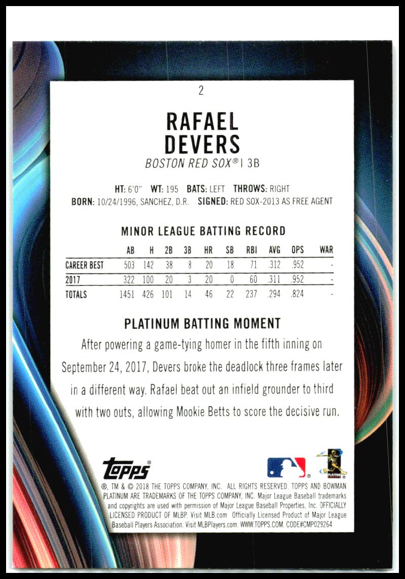 2018 Bowman Platinum #2 Rafael Devers RC Boston Red Sox