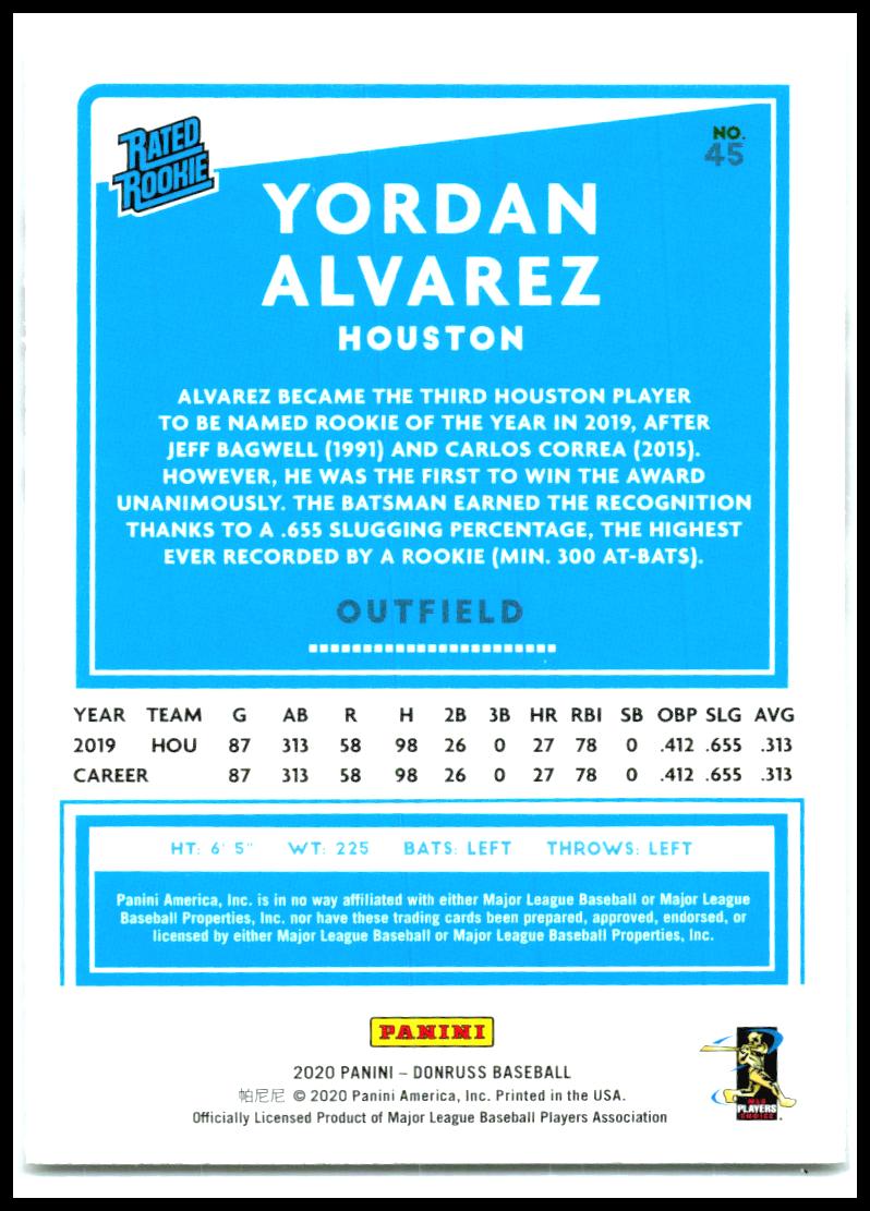 2020 Donruss #45 Yordan Alvarez RC Houston Astros