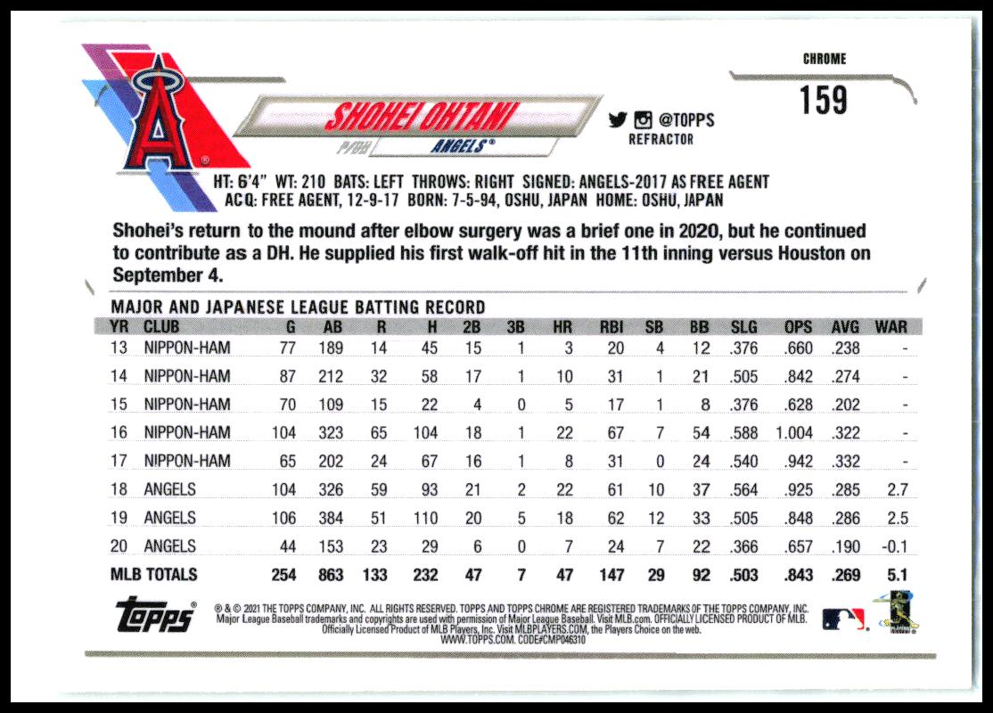 2021 Topps Chrome Refractor #159 Shohei Ohtani Los Angeles Angels