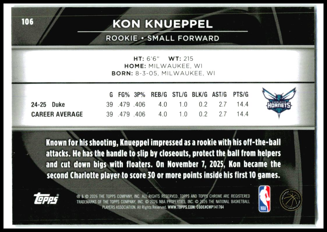 2025-26 Topps Chrome Black #106 Kon Knueppel RC Charlotte Hornets