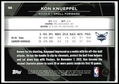 2025-26 Topps Chrome Black #106 Kon Knueppel RC Charlotte Hornets
