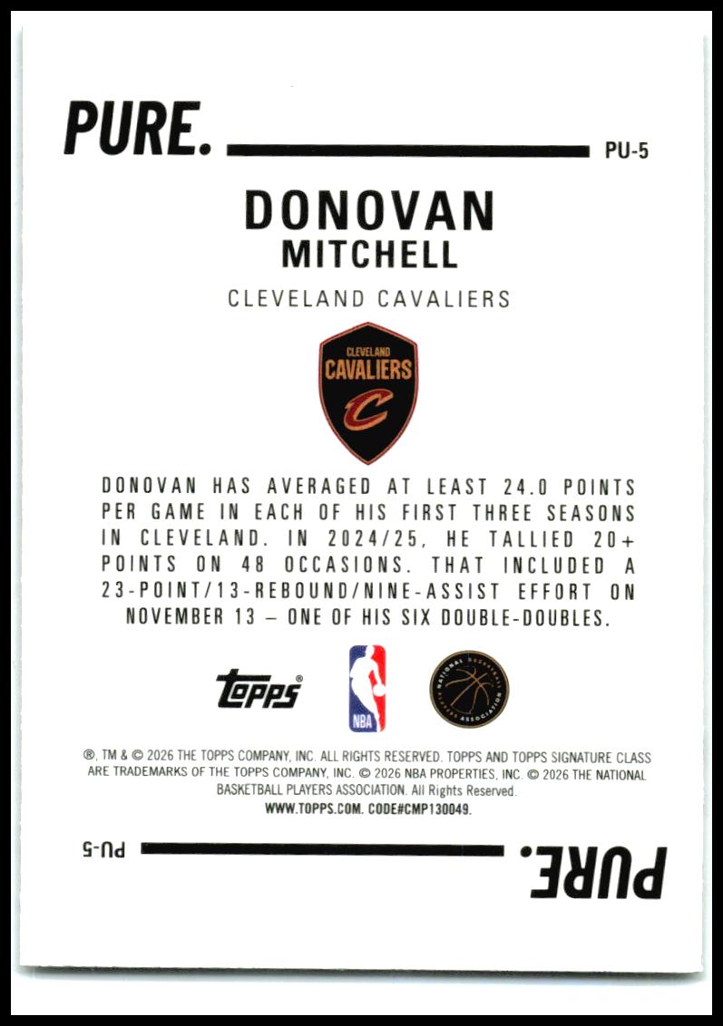 2025-26 Topps Signature Class Pure #PU-5 Donovan Mitchell Cleveland Cavaliers