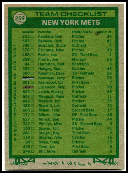 1977 Topps Team Checklists #259 New York Mets / Joe Frazier New York Mets