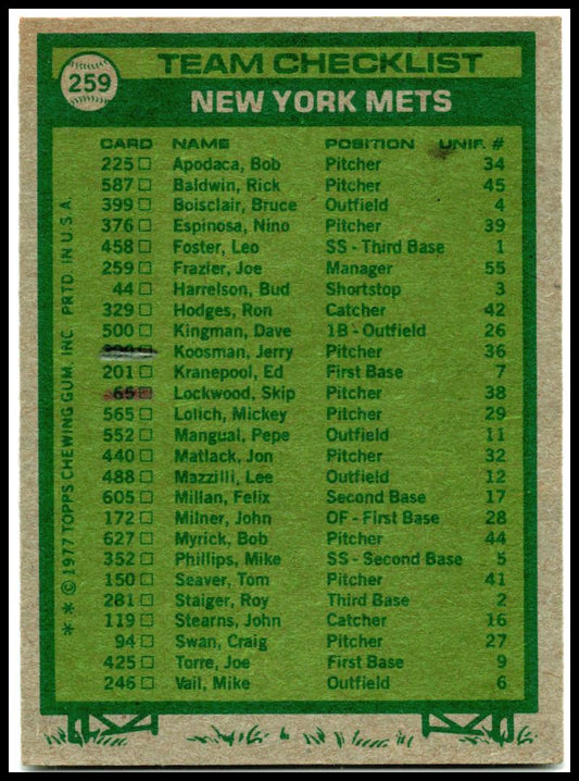1977 Topps Team Checklists #259 New York Mets / Joe Frazier New York Mets