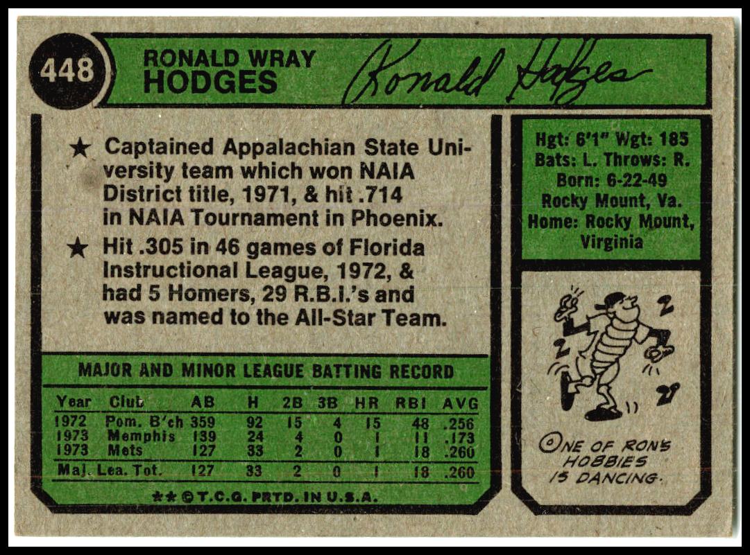 1974 Topps #448 Ron Hodges RC New York Mets