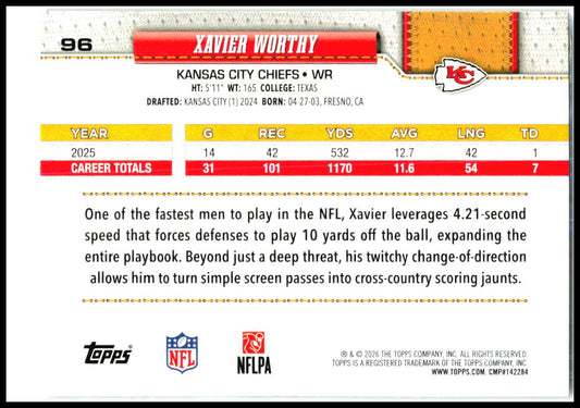 2026 Topps Flagship #96 Xavier Worthy Kansas City Chiefs