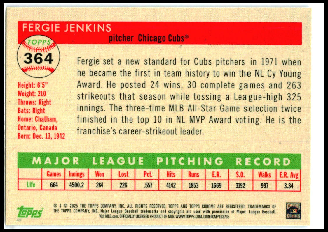 2025 Topps Chrome Platinum #364 Fergie Jenkins Chicago Cubs