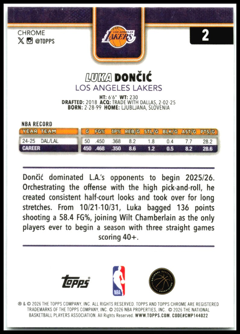 2025-26 Topps Chrome Update X-Fractor #2 Luka Dončić Los Angeles Lakers