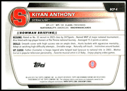 2025-26 Bowman Chrome Prospects Yellow X-Fractor #BCP-4 Kiyan Anthony Syracuse