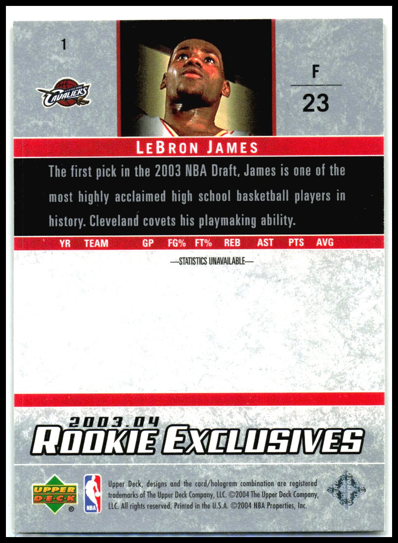 2003-04 Upper Deck Rookie Exclusives #1 LeBron James RC Cleveland Cavaliers