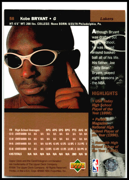 1996-97 Upper Deck #58 Kobe Bryant RC Los Angeles Lakers