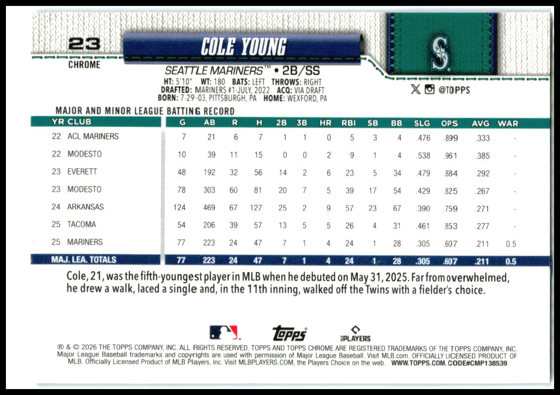 2026 Topps Chrome Blue Raywave Refractor #23 Cole Young RC Mariners