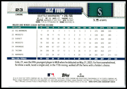 2026 Topps Chrome Blue Raywave Refractor #23 Cole Young RC Mariners