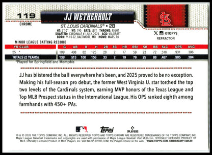 2026 Topps Chrome Refractor #119 JJ Wetherholt RC St. Louis Cardinals