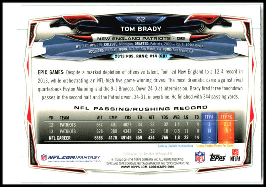 2014 Topps Chrome White Jersey Variation #62 Tom Brady New England Patriots