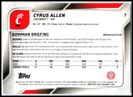 2025 Bowman University Chrome Gold Refractor #7 Cyrus Allen Cincinnati