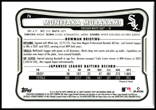 2026 Bowman Chrome Mojo Refractor #76 Munetaka Murakami RC Chicago White Sox