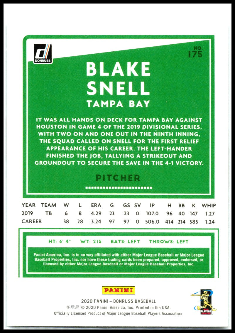 2020 Donruss Season Stat Line #175 Blake Snell #/147 Tampa Bay Rays