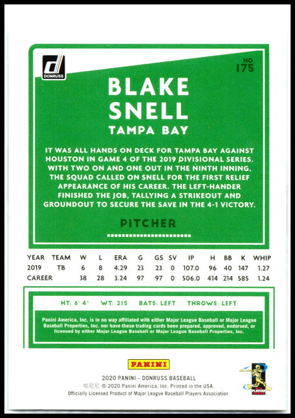2020 Donruss Season Stat Line #175 Blake Snell #/147 Tampa Bay Rays
