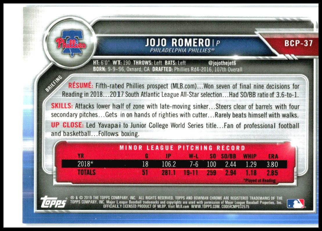 2019 Bowman Chrome Prospects Blue Refractor #BCP-37 JoJo Romero Phillies