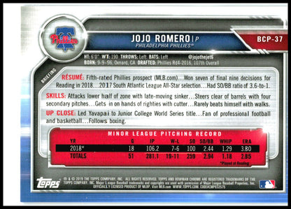 2019 Bowman Chrome Prospects Blue Refractor #BCP-37 JoJo Romero Phillies