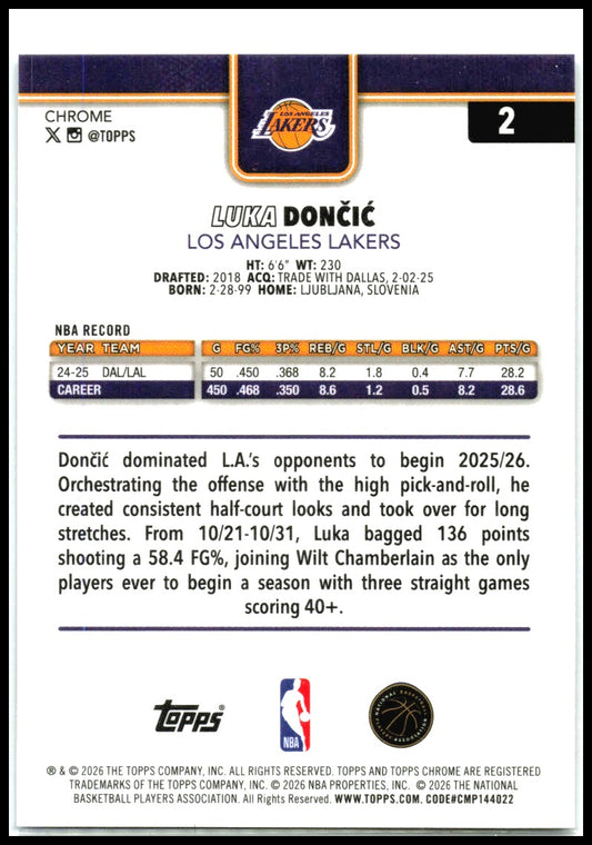 2025-26 Topps Chrome Update Blue Basketball Refractor #2 Luka Dončić Lakers