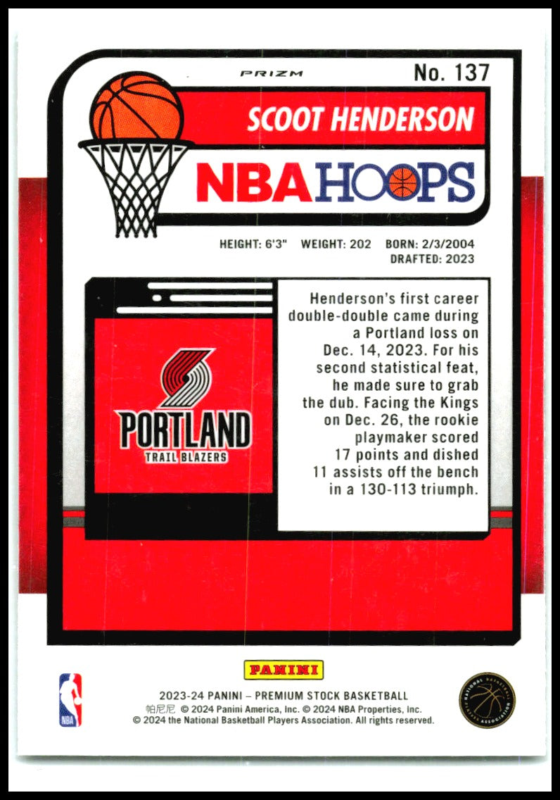 2023-24 Hoops Premium Stock Seismic Prizm #137 Scoot Henderson RC Portland