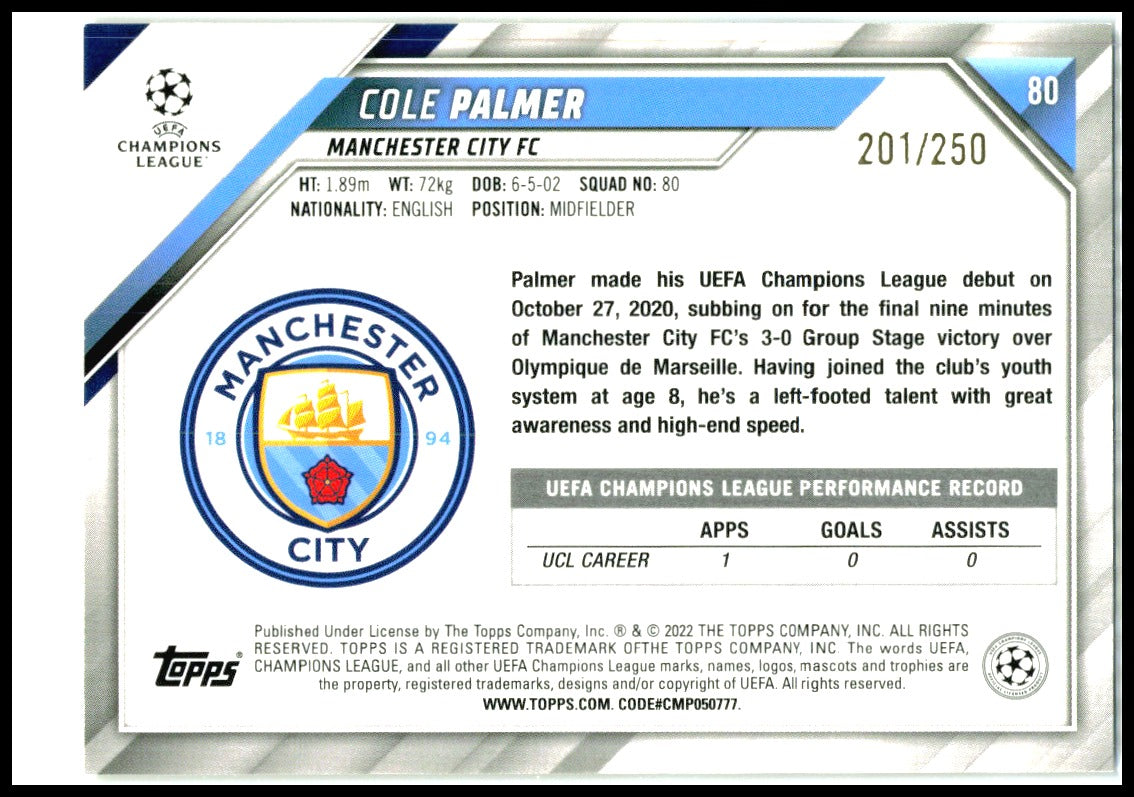 2021 Topps UEFA Champions League Yellow Foil /250 #80 Cole Palmer RC